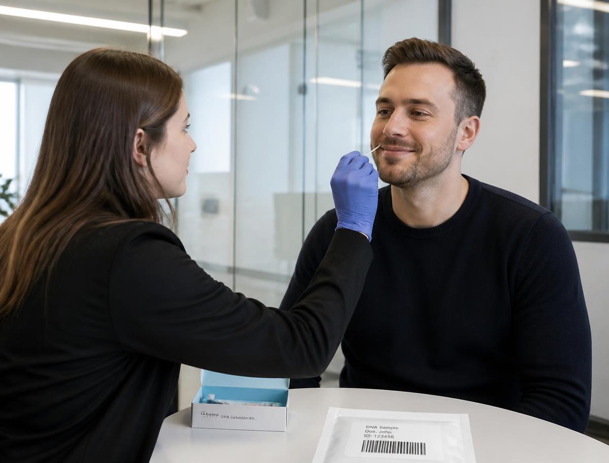 Technician collecting a cheek swab DNA sample from a client in a bright office