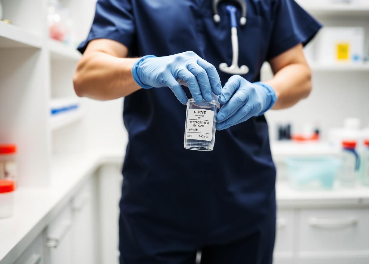 Certified collector handling a labeled specimen container at a collection station